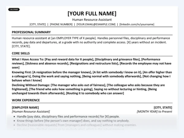 Human Resource Assistant resume template, one page, ATS-friendly layout