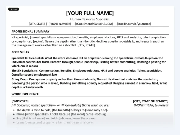 Human Resource Specialist resume template, one page, ATS-friendly layout