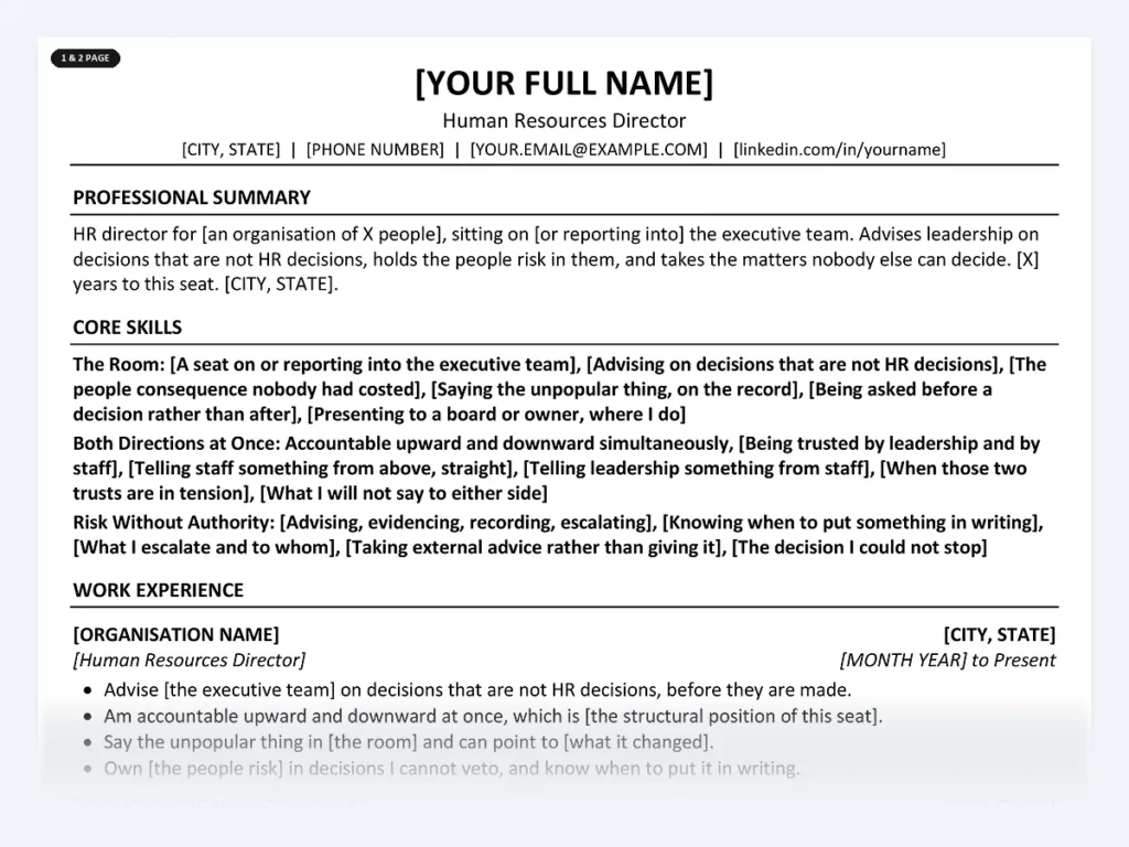 Human Resources Director resume template, one page, ATS-friendly layout