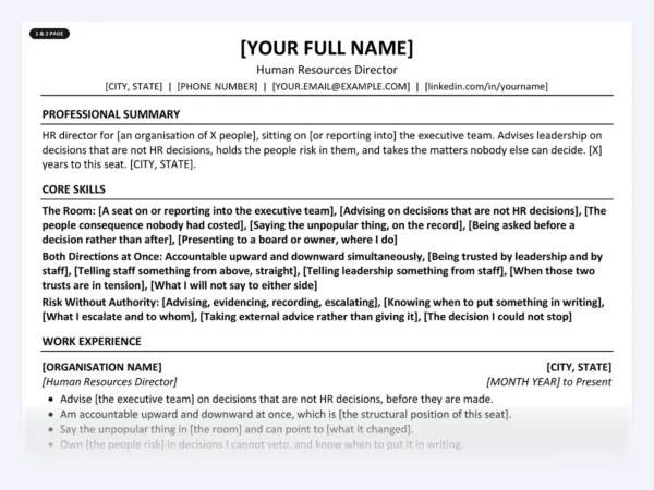 Human Resources Director resume template, one page, ATS-friendly layout
