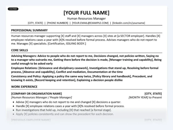 Human Resources Manager resume template, one page, ATS-friendly layout