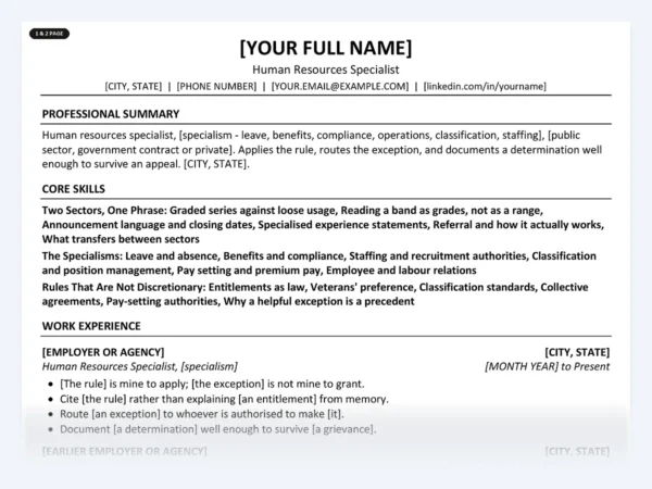 Human Resources Specialist resume template, one page, ATS-friendly layout