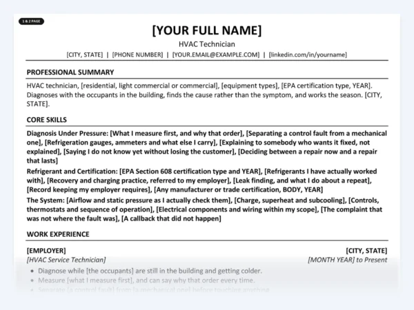 HVAC Technician resume template, one page, ATS-friendly layout
