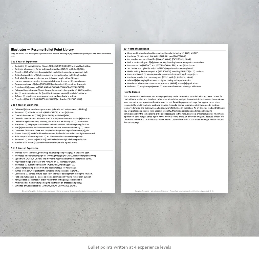 Illustrator resume bullet points written at four experience levels