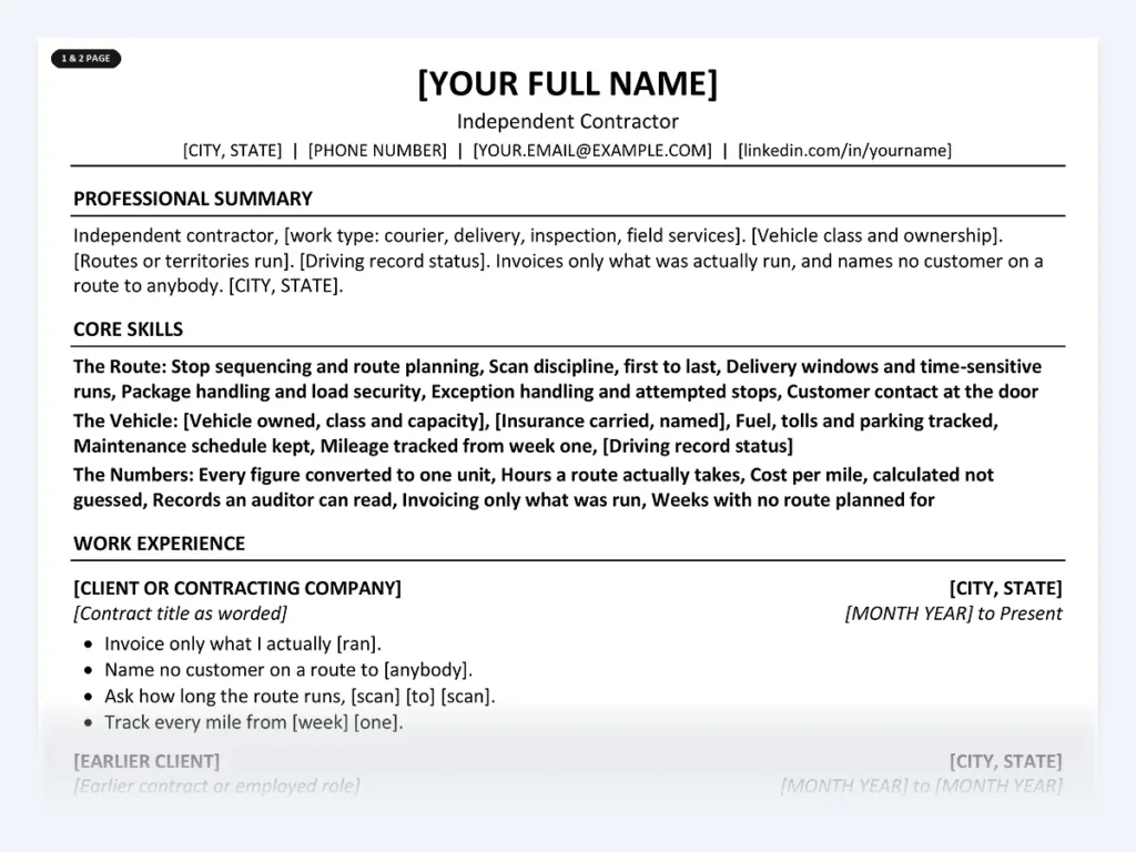 Independent Contractor resume template, one page, ATS-friendly layout