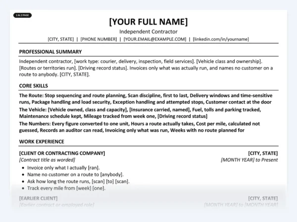 Independent Contractor resume template, one page, ATS-friendly layout