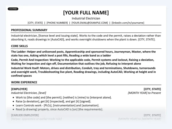 Industrial Electrician resume template, one page, ATS-friendly layout