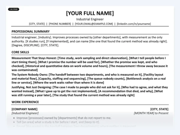 Industrial Engineer resume template, one page, ATS-friendly layout