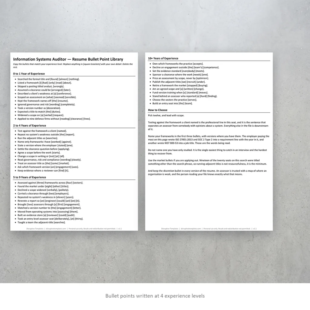 Information Systems Auditor resume bullet points written at four experience levels