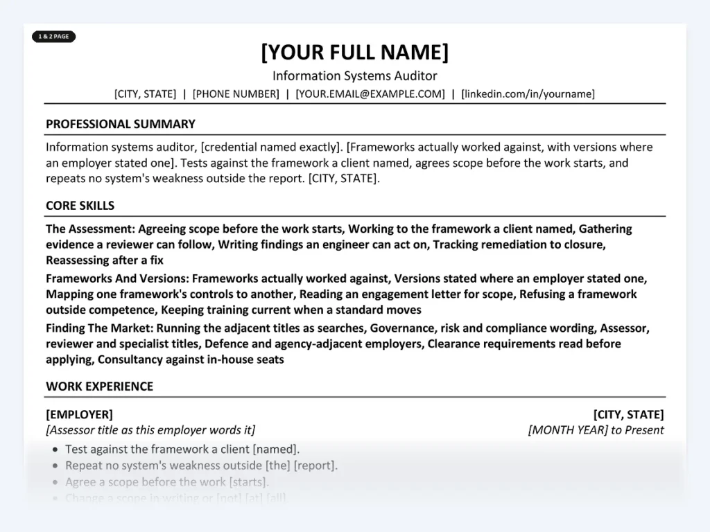 Information Systems Auditor resume template, one page, ATS-friendly layout