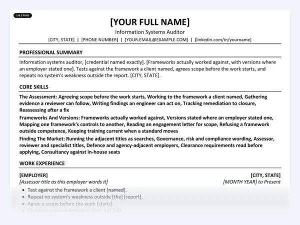 Information Systems Auditor resume template, one page, ATS-friendly layout