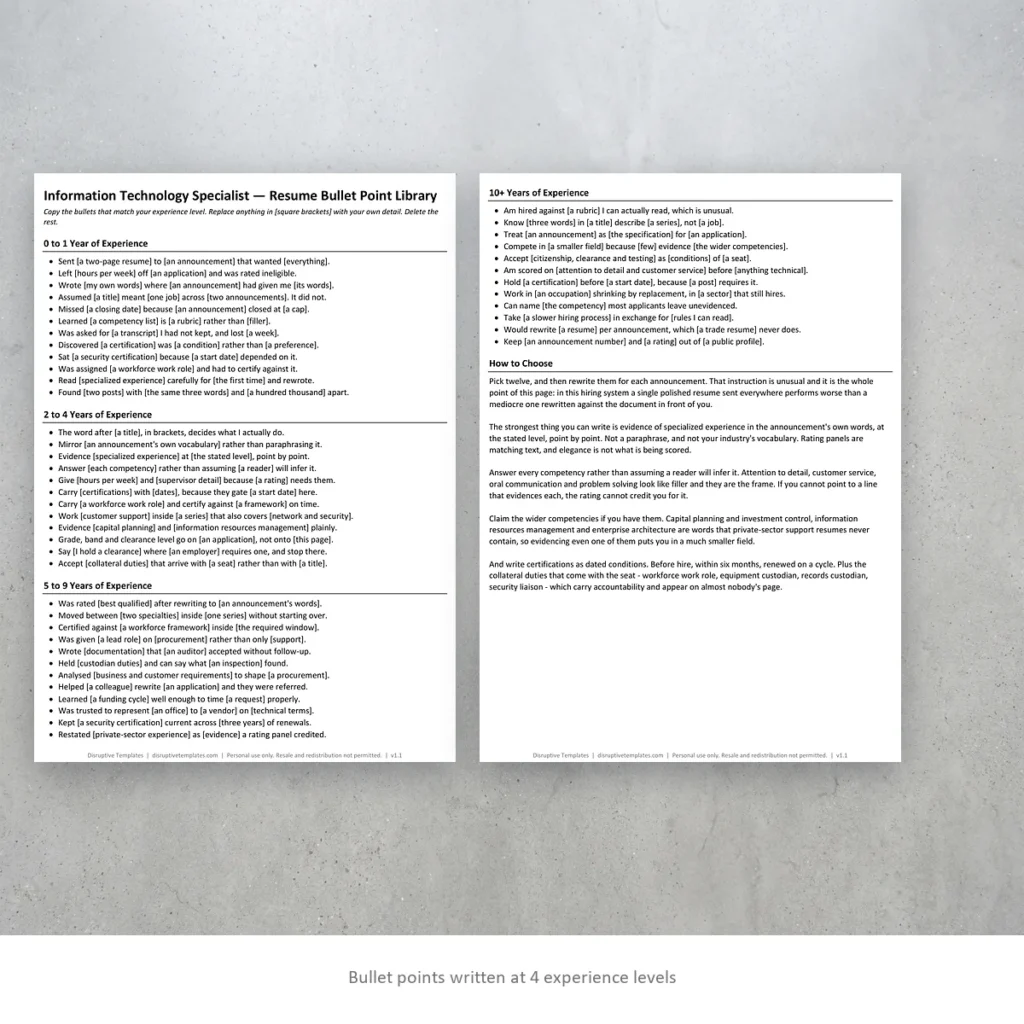 Information Technology Specialist resume bullet points written at four experience levels