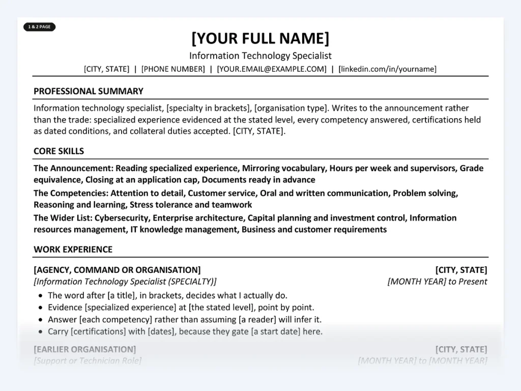 Information Technology Specialist resume template, one page, ATS-friendly layout