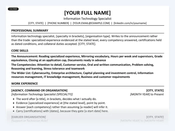 Information Technology Specialist resume template, one page, ATS-friendly layout