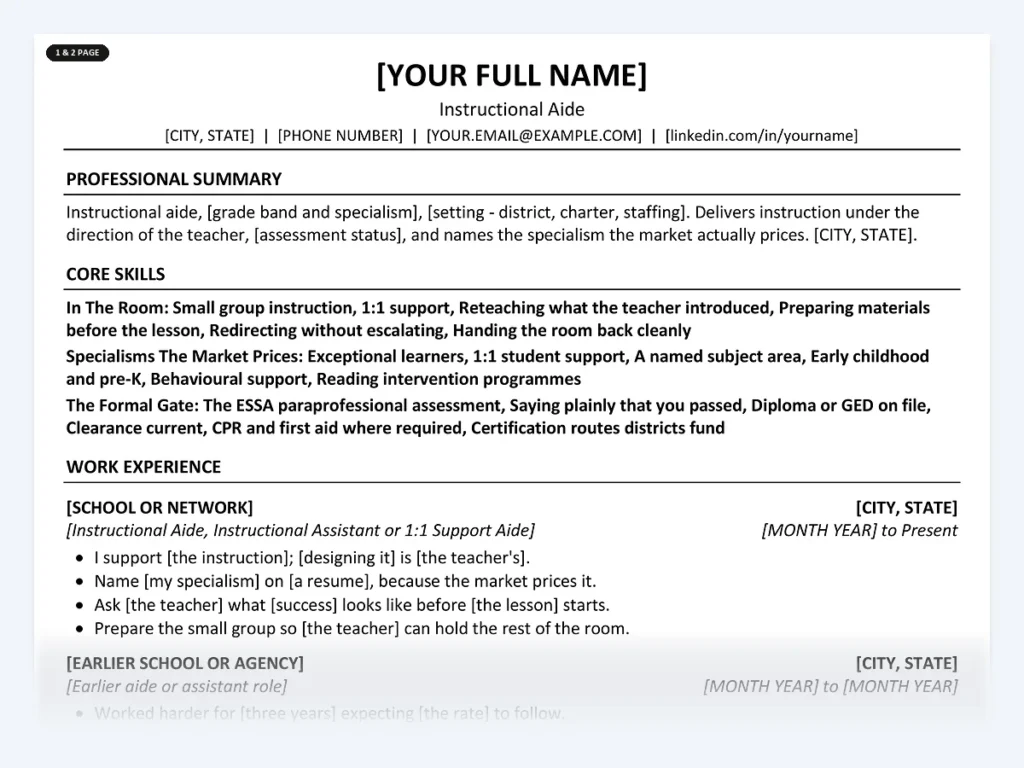 Instructional Aide resume template, one page, ATS-friendly layout