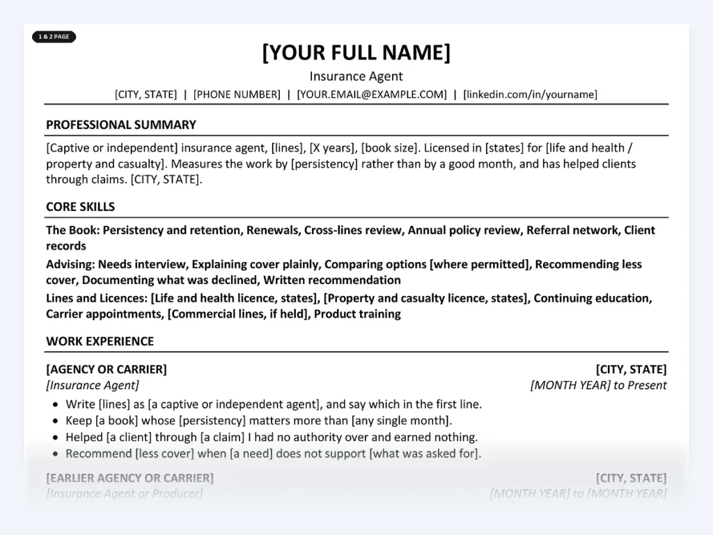 Insurance Agent resume template, one page, ATS-friendly layout