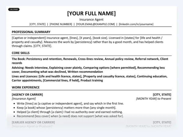 Insurance Agent resume template, one page, ATS-friendly layout