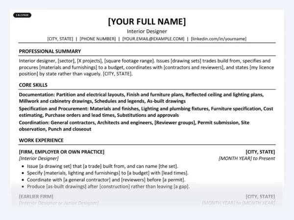 Interior Designer resume template, one page, ATS-friendly layout