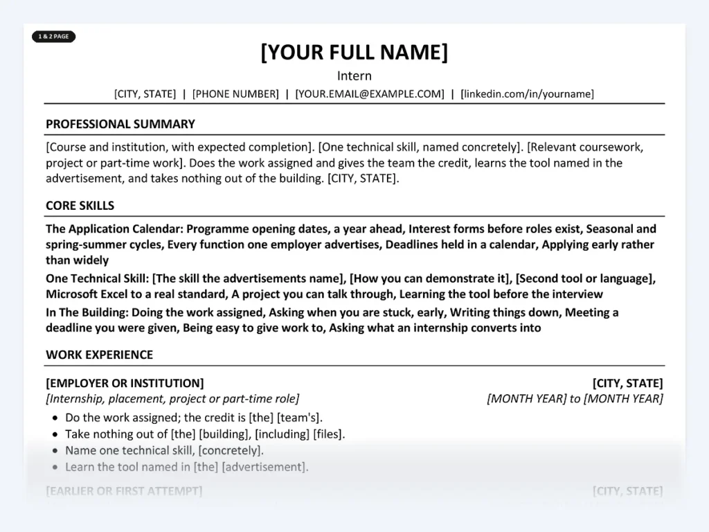 Intern resume template, one page, ATS-friendly layout