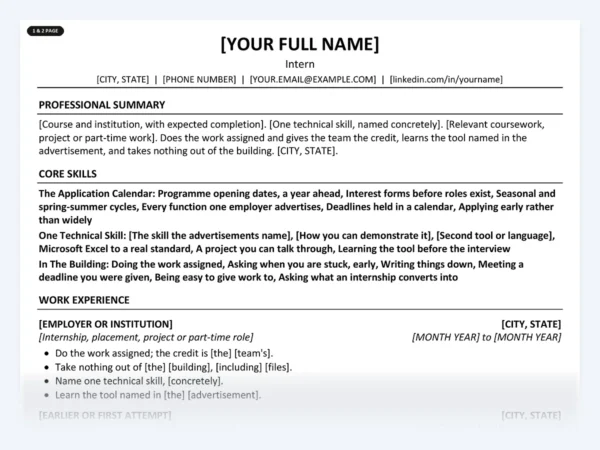 Intern resume template, one page, ATS-friendly layout
