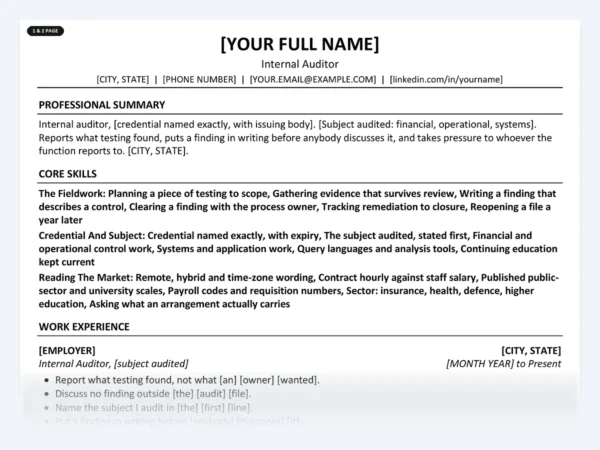 Internal Auditor resume template, one page, ATS-friendly layout