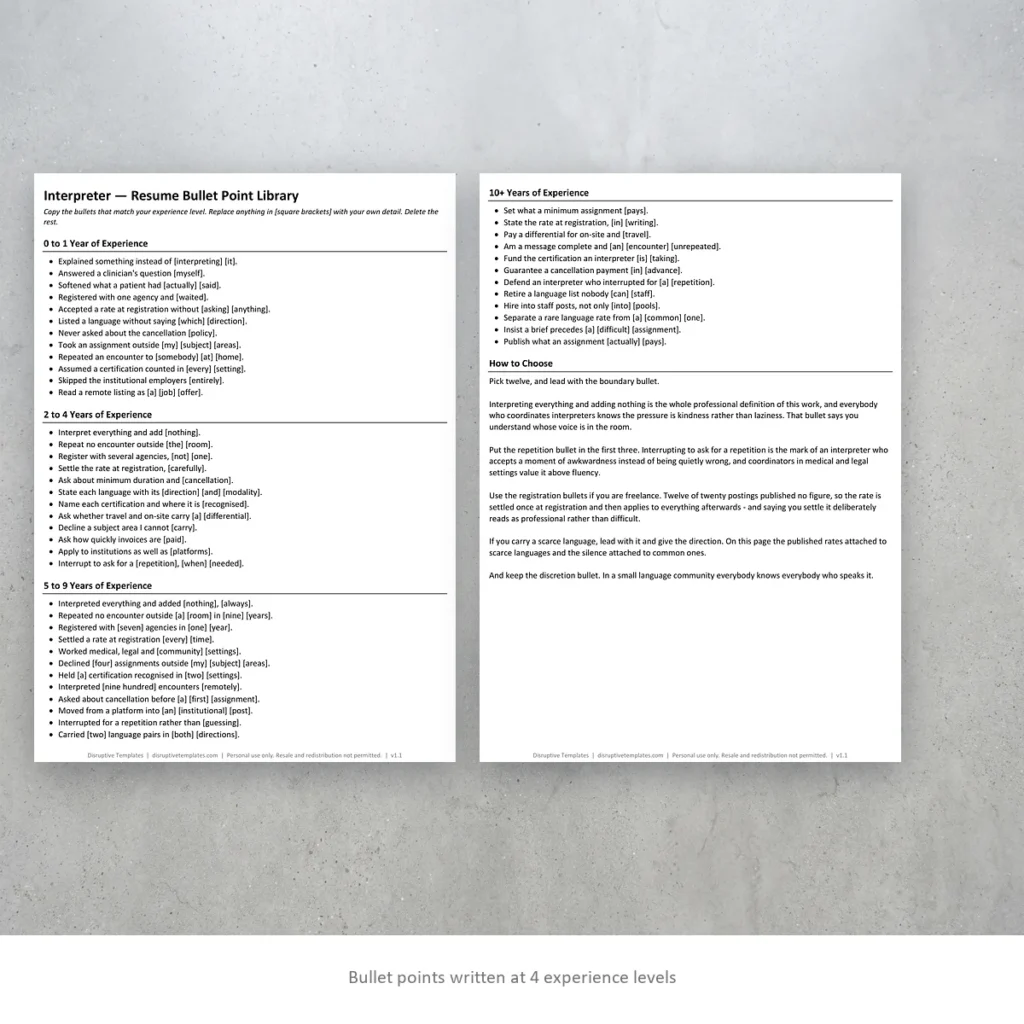 Interpreter resume bullet points written at four experience levels