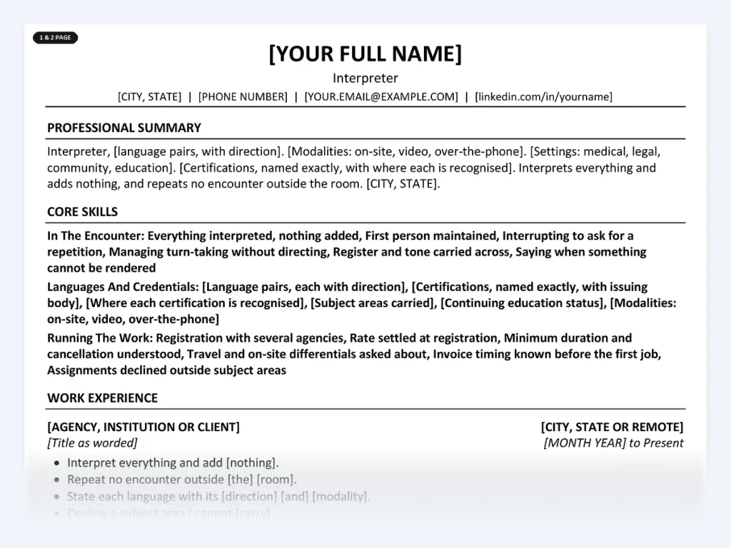 Interpreter resume template, one page, ATS-friendly layout