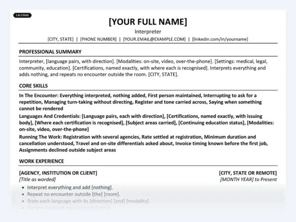 Interpreter resume template, one page, ATS-friendly layout