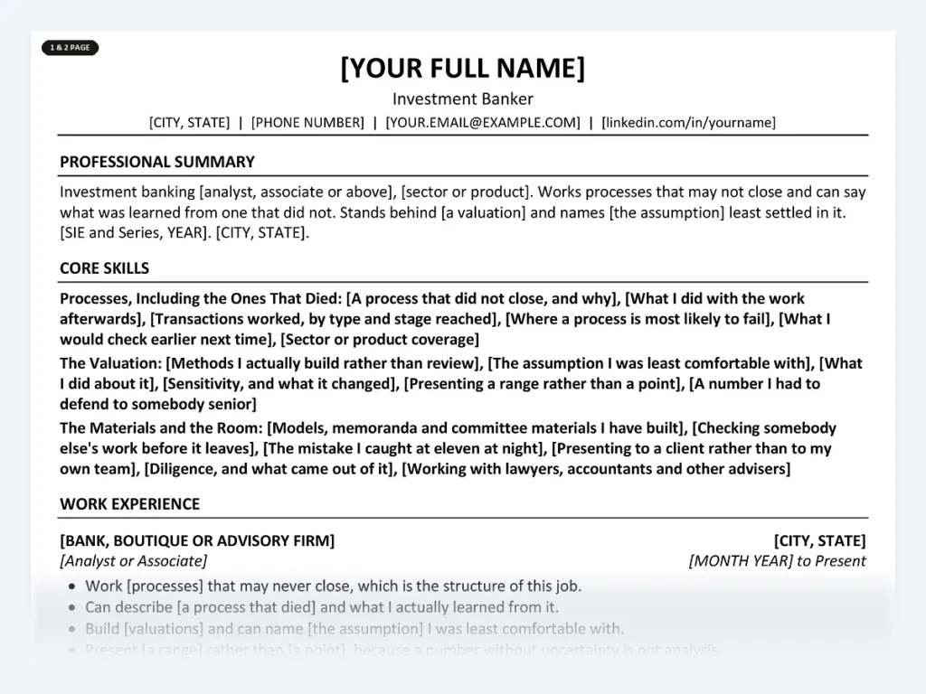 Investment Banker resume template, one page, ATS-friendly layout