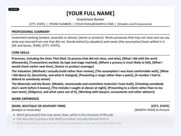 Investment Banker resume template, one page, ATS-friendly layout