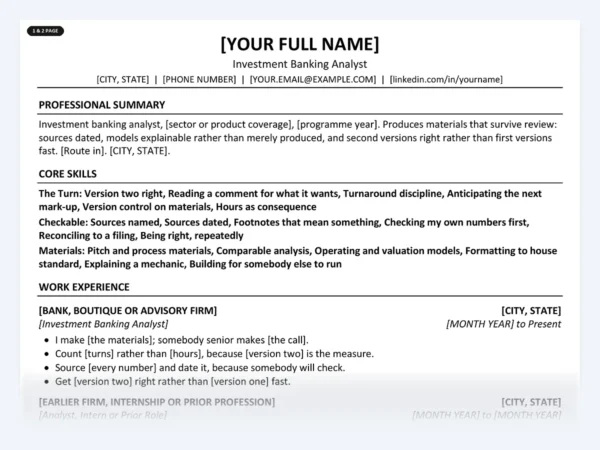 Investment Banking Analyst resume template, one page, ATS-friendly layout