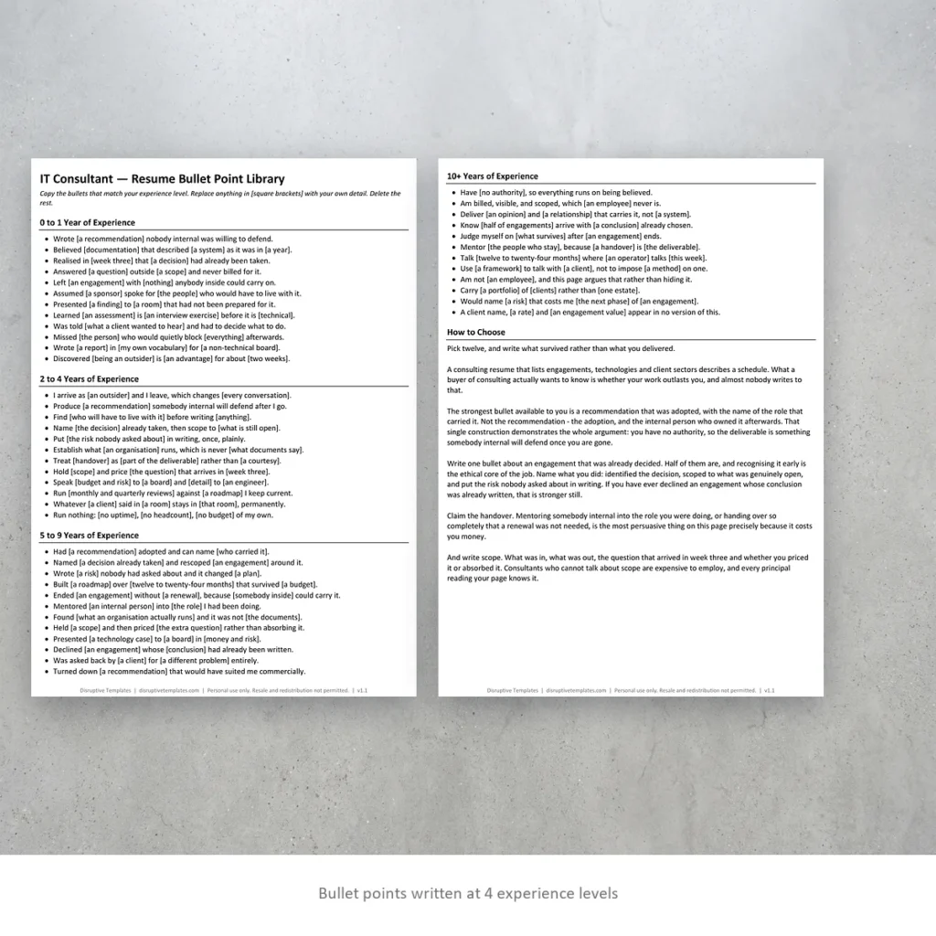 IT Consultant resume bullet points written at four experience levels
