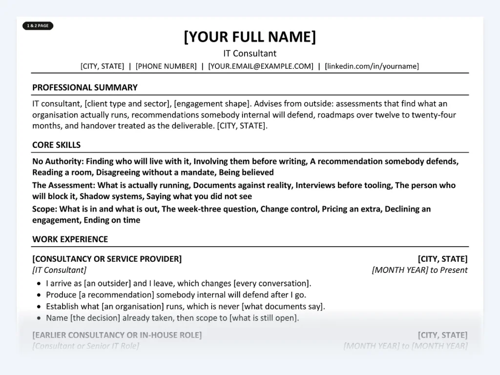 IT Consultant resume template, one page, ATS-friendly layout