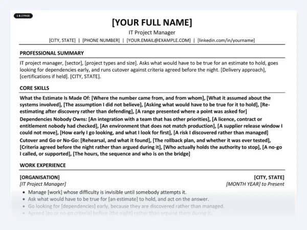 IT Project Manager resume template, one page, ATS-friendly layout