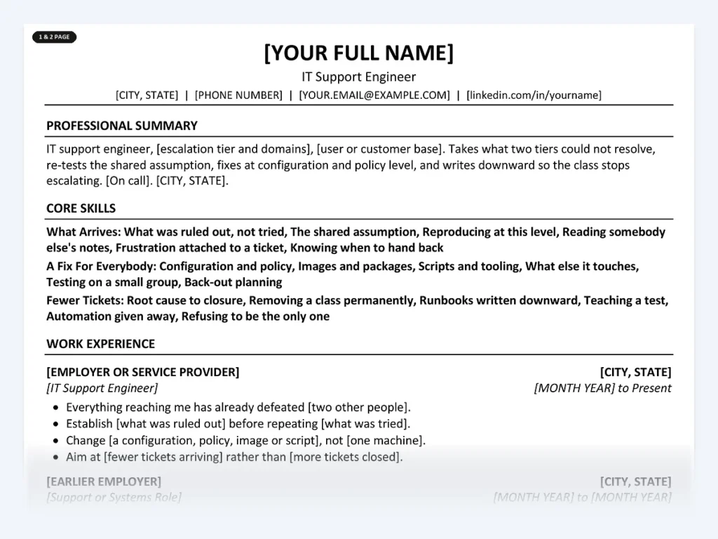 IT Support Engineer resume template, one page, ATS-friendly layout