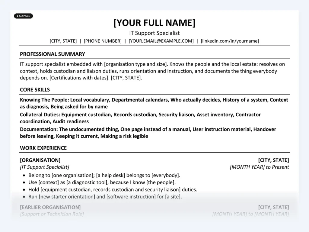 IT Support Specialist resume template, one page, ATS-friendly layout