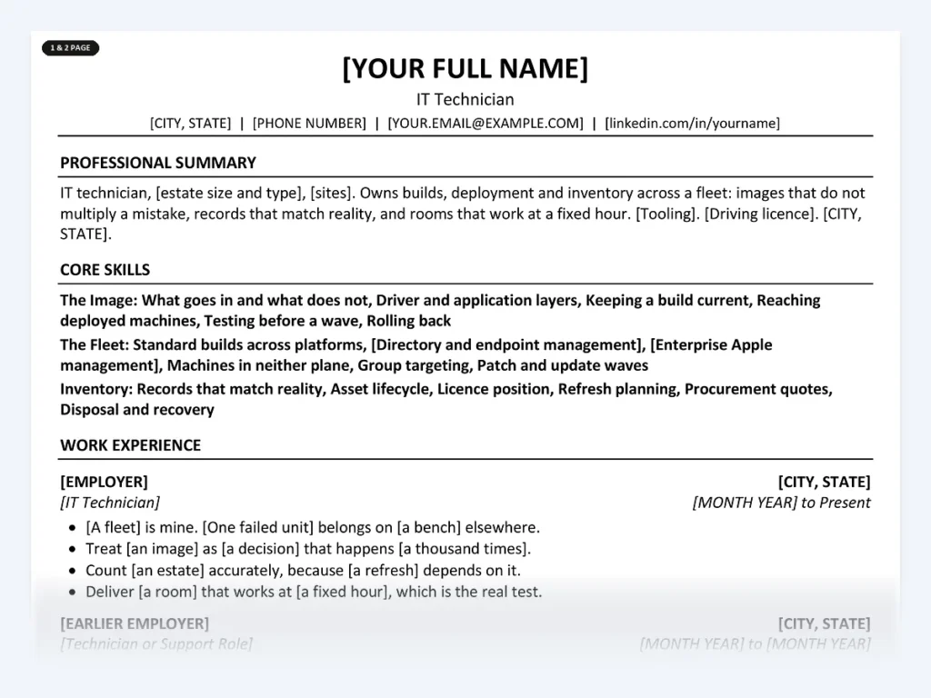 IT Technician resume template, one page, ATS-friendly layout