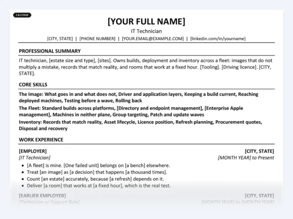IT Technician resume template, one page, ATS-friendly layout