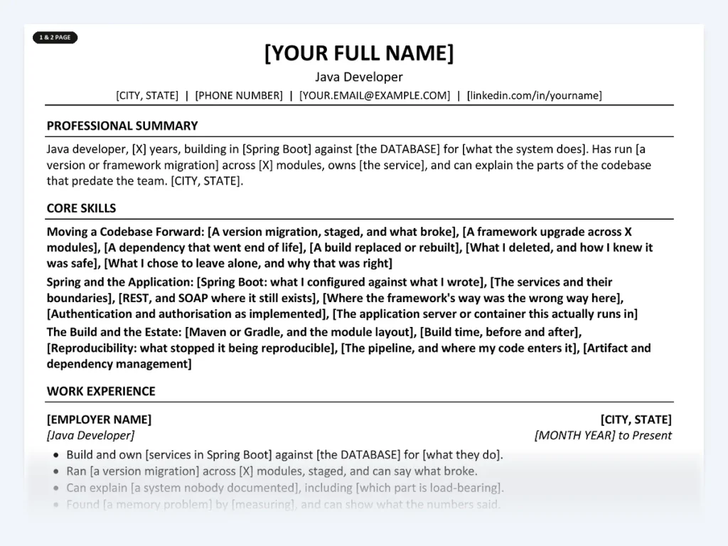 Java Developer resume template, one page, ATS-friendly layout