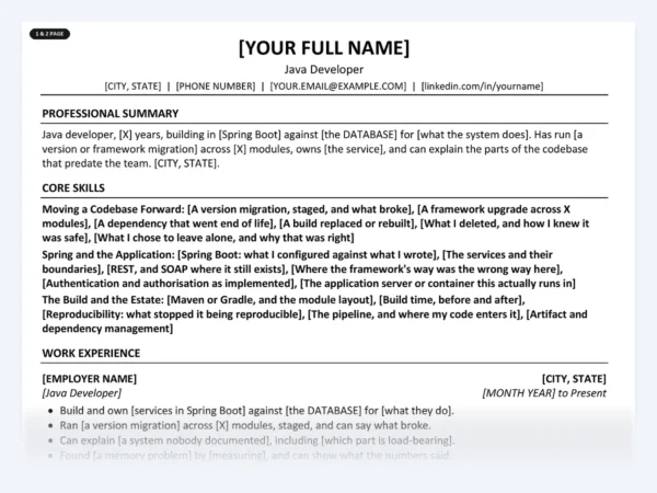 Java Developer resume template, one page, ATS-friendly layout