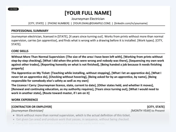 Journeyman Electrician resume template, one page, ATS-friendly layout