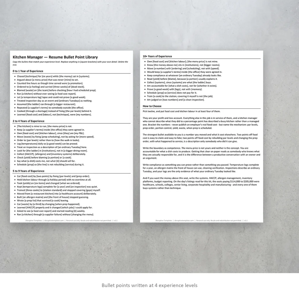Kitchen Manager resume bullet points written at four experience levels