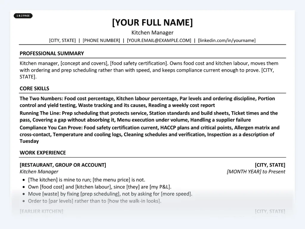 Kitchen Manager resume template, one page, ATS-friendly layout