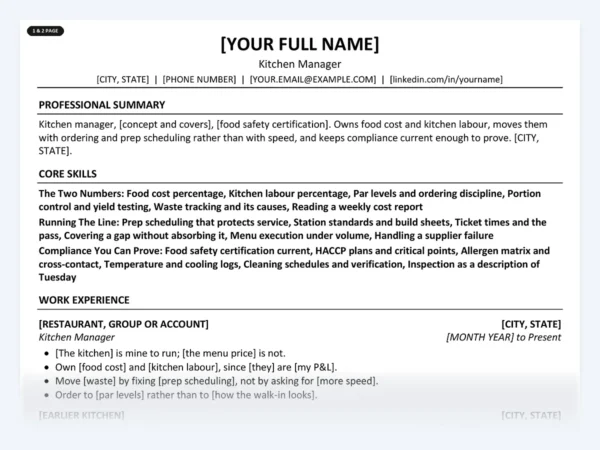 Kitchen Manager resume template, one page, ATS-friendly layout