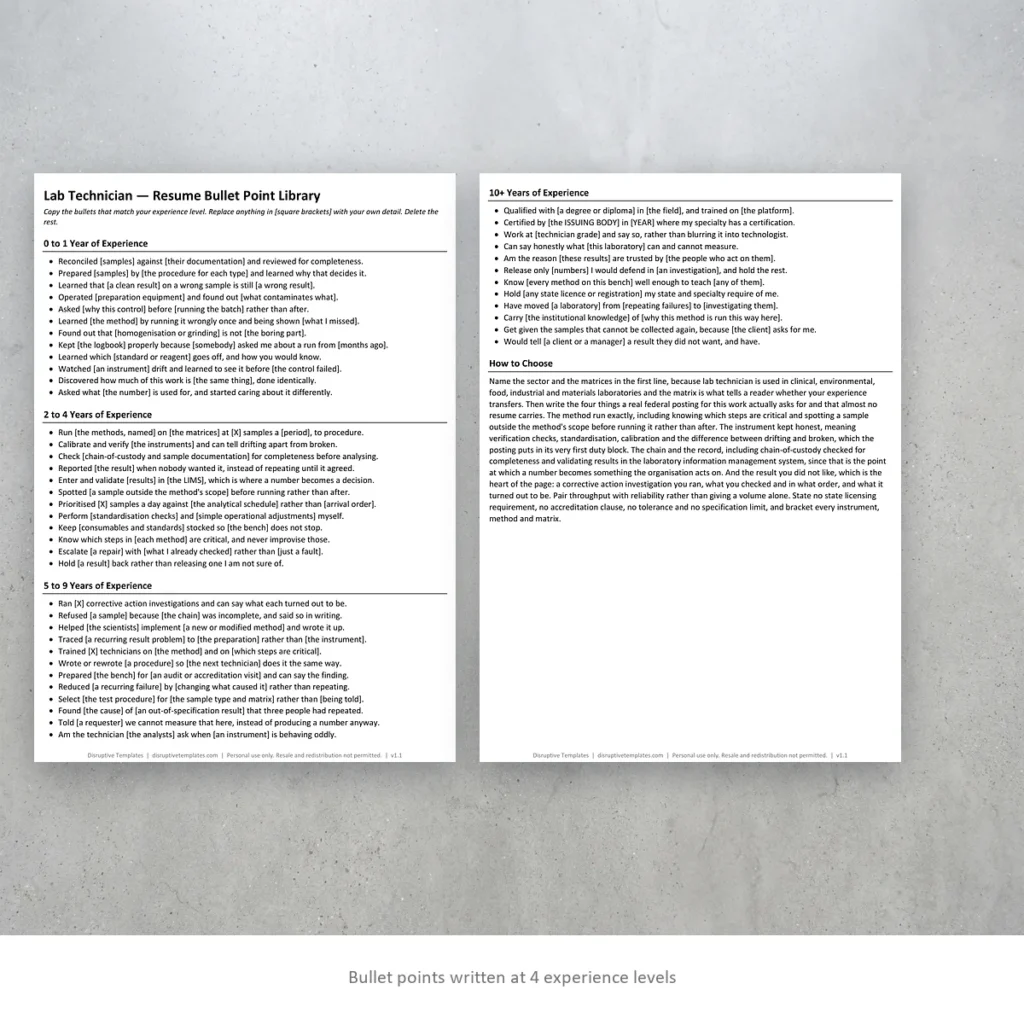 Lab Technician resume bullet points written at four experience levels