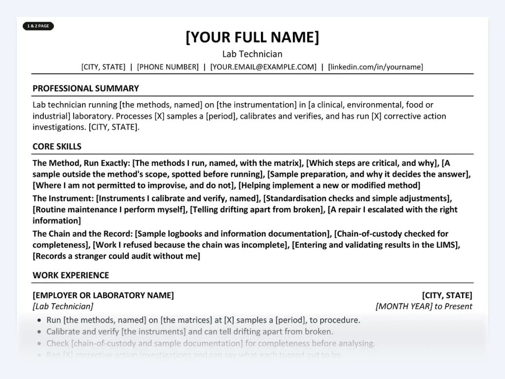 Lab Technician resume template, one page, ATS-friendly layout
