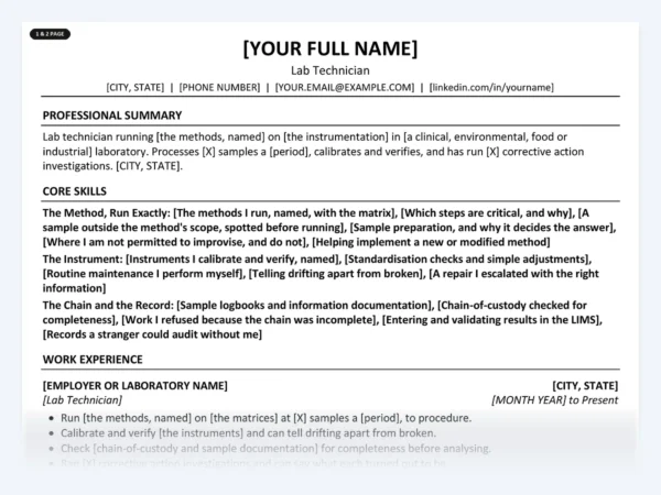 Lab Technician resume template, one page, ATS-friendly layout