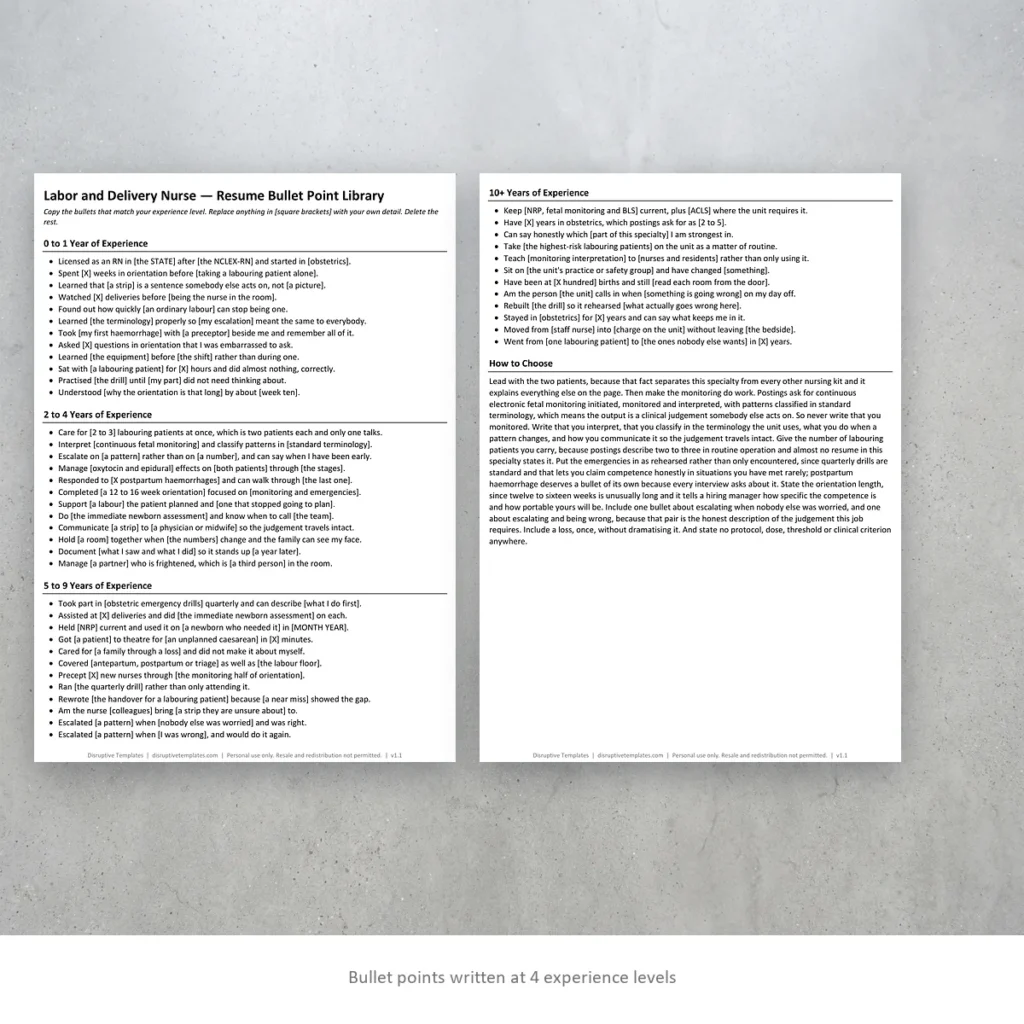 Labor and Delivery Nurse resume bullet points written at four experience levels