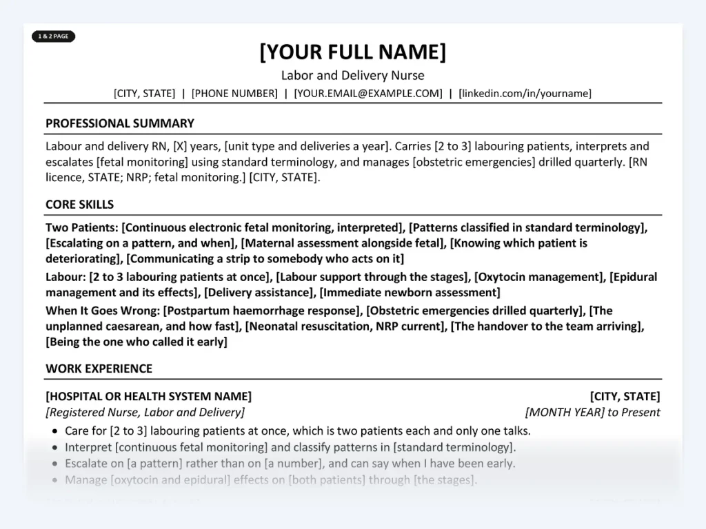 Labor and Delivery Nurse resume template, one page, ATS-friendly layout