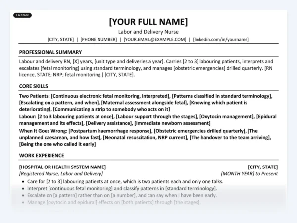 Labor and Delivery Nurse resume template, one page, ATS-friendly layout